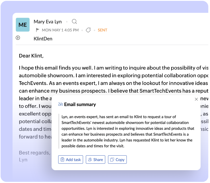 Zoho's AI - email summary feature