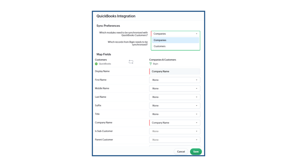 How to Integrate Quickbooks with Bigin - Syncing Modules